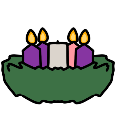 a green wreath with five candles in it. three are purple, one is pink, and the central one is white and unlit.